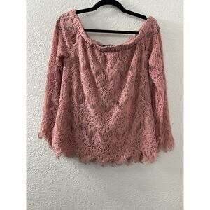 Miss Chevous Womens Size L Pink Lace Blouse Top 3/4 Sleeves Boho Off Shoulder